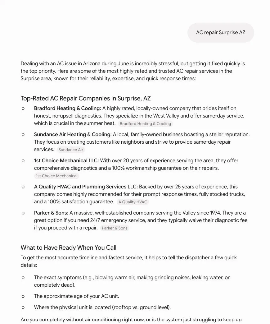 Gemini's Surprise answer — five companies, mostly different from ChatGPT's set