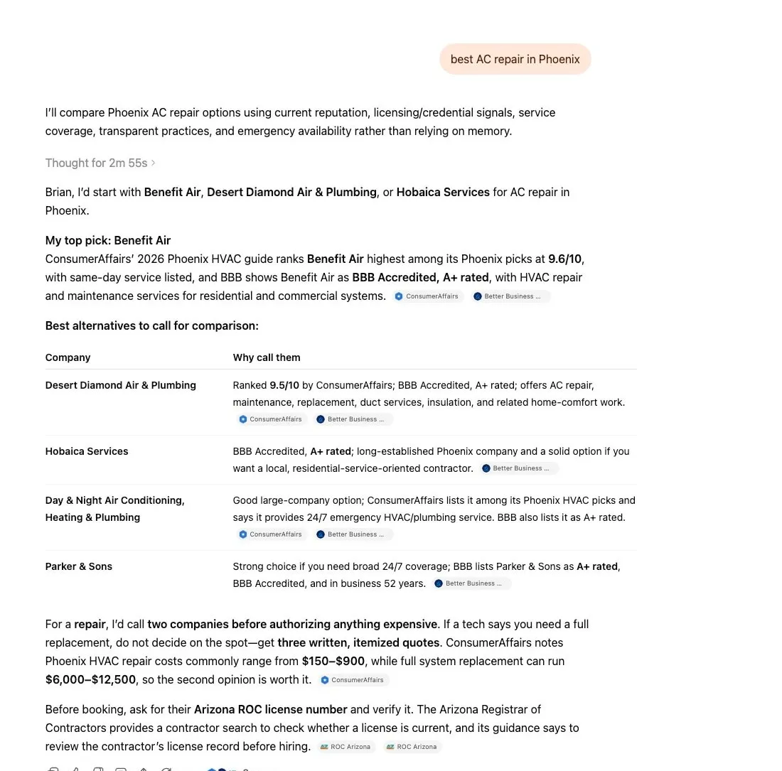 ChatGPT's answer to "best AC repair in Phoenix," June 11, 2026 — a top pick and four alternatives with cited reasons