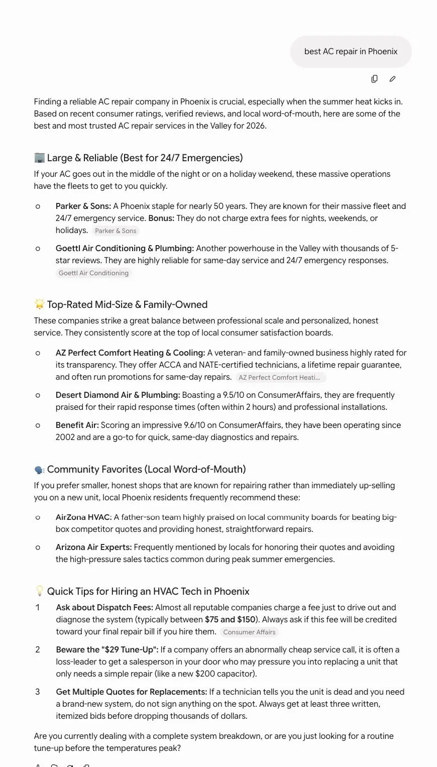 Gemini's answer to the same Phoenix prompt — seven companies in tiers, including community favorites sourced from local boards