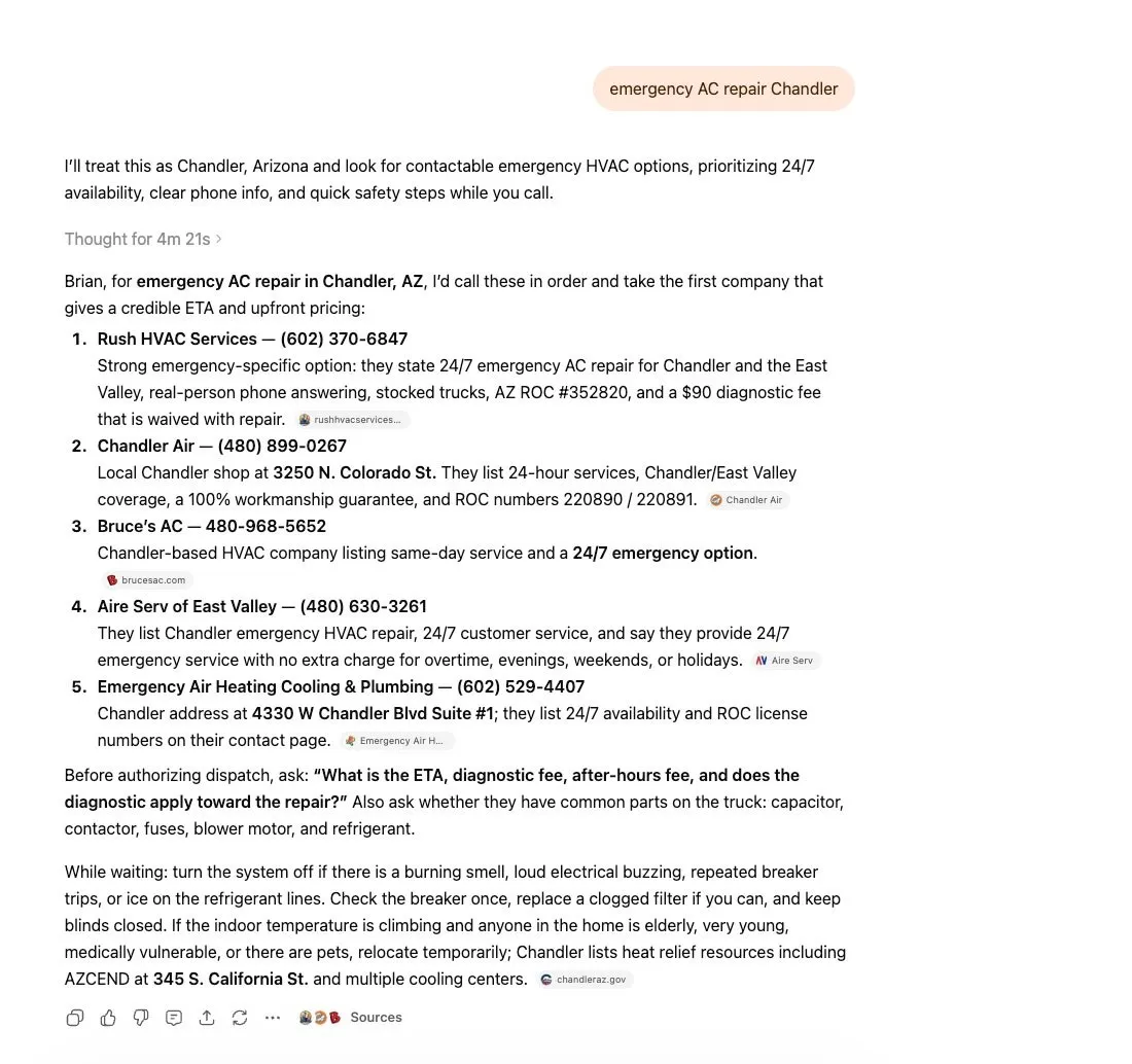 ChatGPT's ordered emergency call list for Chandler — license numbers and diagnostic fees quoted from each company's own website